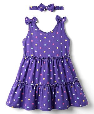 Babyhug Single Jersey Knit Sleeveless Polka Dots Printed Frock with Headband & Bow Applique - Purple