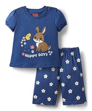 Babyhug Cotton Knit Half Sleeves Capri Night Suit With Bunny & Floral Print - Blue
