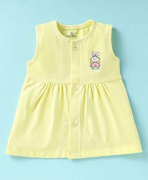 Child World Sinker Knit Sleeveless Front Open Frock with Bunny Print - Yellow