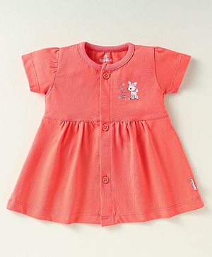 Child World Sinker Knit Half Sleeves Front Open Frock with Puppy Print - Coral