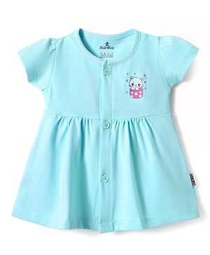 Child World Sinker Knit Half Sleeves Front Open Frock with Kitty Print - Turquoise