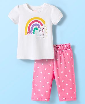 Babyhug Cotton Knit Half Sleeves Capri Night Suit with Hearts & Rainbow Print - White & Pink