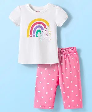 Babyhug Cotton Knit Half Sleeves
                              Capri Night Suit with Hearts & Rainbow
                              Print - White & Pink