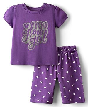 Babyhug Cotton Knit Half Sleeves Capri Night Suit With Text & Heart Print - Violet