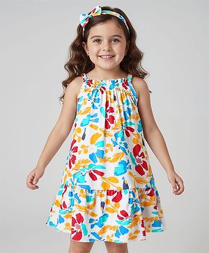 Babyhug Rayon Woven Sleeveless Tiered Frock with Headband & Floral Print - White