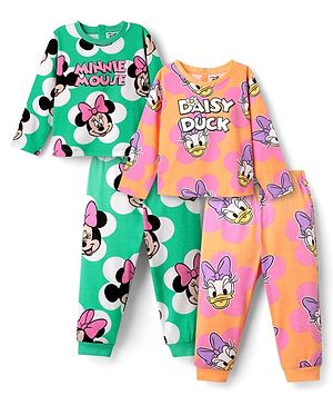Babyhug Disney Single Jersey Knit Full Sleeves Night Suits with Minnie Mouse Family Print Pack of 2 - Green & Orange