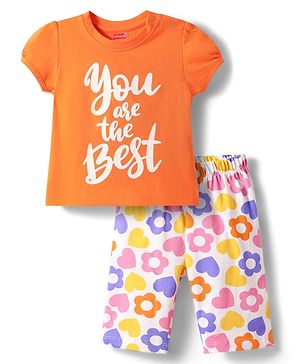 Babyhug Cotton Knit Half Puffed Sleeves Capri Night Suit with Text & Floral Print - Orange