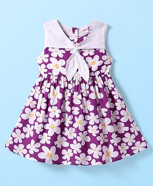 Babyhug Rayon Sleeveless Frock with Floral Print & Knot Detailing - Purple