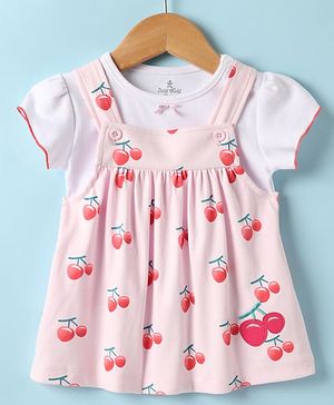 Child World Interlock Knit Cherry Printed Frock with Half Puffed Sleeves Inner Tee - Pink & White