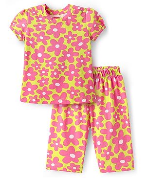 Babyhug Cotton Knit Half Sleeves Capri Nightsuit with Floral  Print - Green & Pink