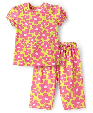 Babyhug Cotton Knit Half Sleeves
                              Capri Nightsuit with Floral Print - Green
                              & Pink