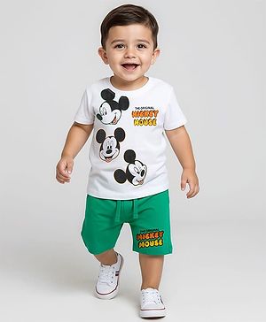 Babyhug Disney Single Jersey Knit Half Sleeves T-Shirt & Shorts Set With Mickey Mouse Family Graphics - White & Green