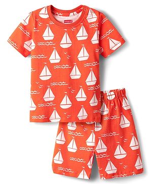 Babyhug Cotton Knit Half Sleeves Shorts Co-Ord Night Suit With Boat Print - Orange