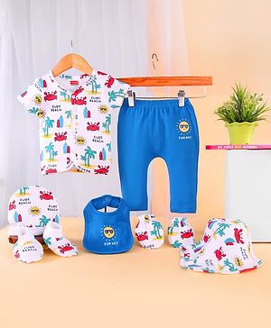 Babyhug 100% Cotton Baby Gift Sets with Beach Theme Print Pack of 7 - White & Blue
