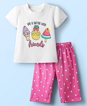 Babyhug Cotton Knit Half Sleeves Capri Night Suit With Fruit & Star Print - White & Pink