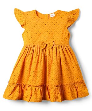 Babyhug Rayon Woven Knit Frill Sleeves Schifilli Frock with Bow Applique - Yellow