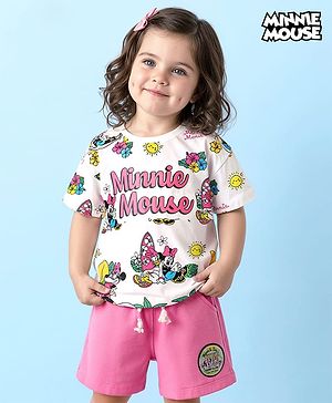 Babyhug Disney Single Jersey Knit Half Drop Shoulder Sleeves T-Shirt & Shorts Set With Minnie Mouse Graphics - White & Pink