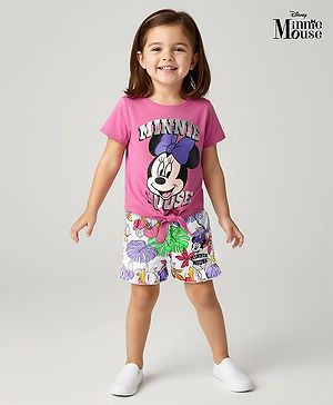 Babyhug Disney Single Jersey Knit Half Sleeves Knot T-Shirt & Shorts With Minnie Mouse Family Graphics and Foil Print Detailing - Multicolor