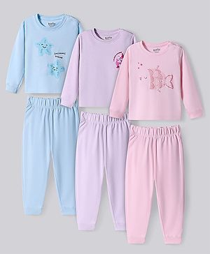 Bonfino 100% Cotton Knit Full Sleeves Night Suits with Sea Life Puff Print Pack of 3 - Light Blue Pink & Lavender