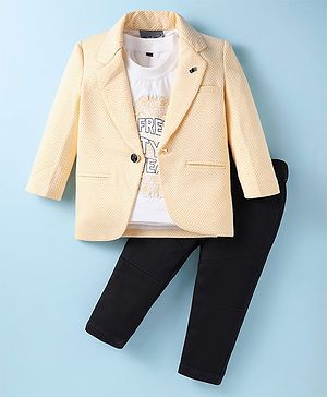 Dapper Dudes Half Sleeves Chervon Textured Blazer With Pant & Tee - Yellow