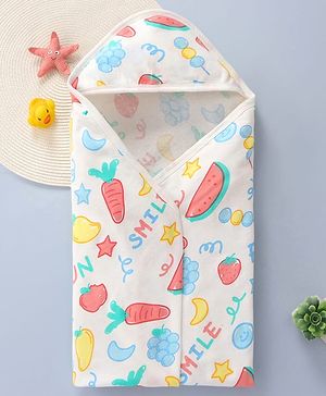 Babyhug Terry Knit Hooded Towel With Vegetable Print L 74 x B 71 cm - White