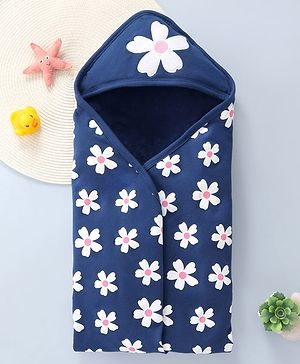 Babyhug Terry Knit Hooded Towel With Floral Print L 78 x B 70 cm - Navy Blue