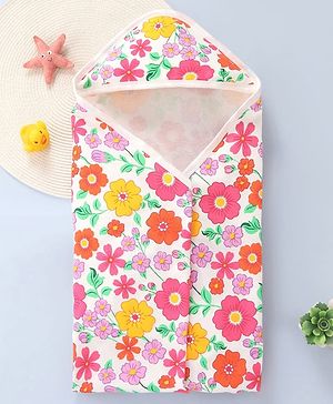 Babyhug Terry Cotton Knit Hooded Towel with Floral Print L 73 x B 73 cm - White