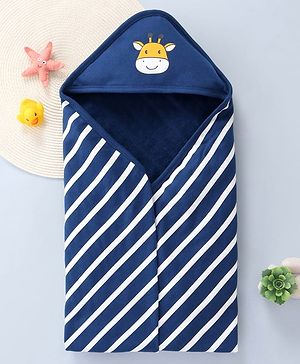 Babyhug Terry Knit Hooded Towel With Striped & Giraffe Print L 72 x B 71 cm - Navy Blue