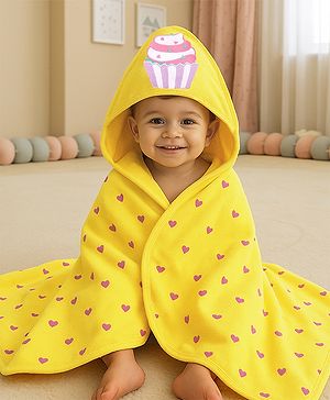 Babyhug Terry Knit Hooded Towel With Ice Cream & Heart Print L 75 x B 71 cm - Yellow