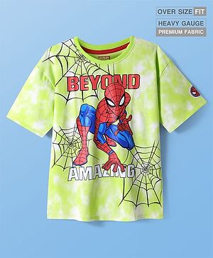 Pine Kids Marvel Terry Knit Half Sleeve Oversized Drop Shoulder T-Shirt With Spider Man Graphics And Tie And Dye & Badge Detailing - Light Green & White