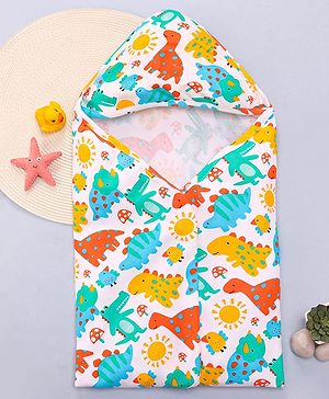 Babyhug Interlock Knit Hooded Towel with Animal Printed L 76.2 x B 76.2 cm - White