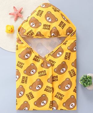 Babyhug Interlock Knit Hooded Wrapper with Bear Print L 76 x B 76 cm - Yellow