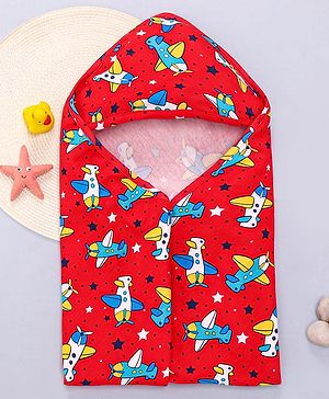 Babyhug Interlock Knit Hooded Towel with Airplane Printed L 76.2 x B 76.2 cm - Red