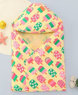 Babyhug Interlock Knit Hooded Wrapper with Popsicle Print L 76.2 x B 76.2 cm - Yellow