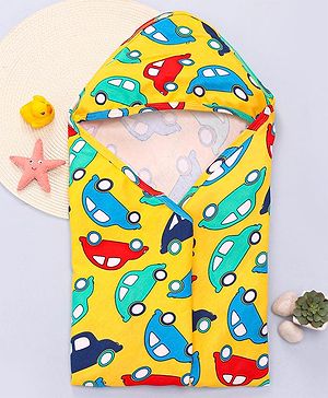 Babyhug Interlock Knit Hooded Towel with Car Print L 76.2 x B 76.2 cm - Yellow