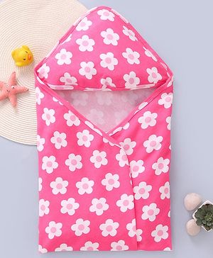 Babyhug Interlock Knit Wrapper With Floral Print & Hood L 76 X B 76 cm- Dark Pink