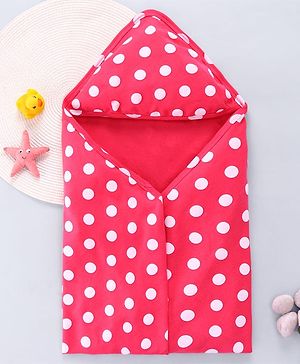 Babyhug Interlock Knit Polka Dots Hooded Towel L 76 x B 76 cm - Dark Pink