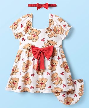 Babyhug 100% Cotton Single Jersey Knit Teddy Bear Print Frock With Bloomers & Headband - White
