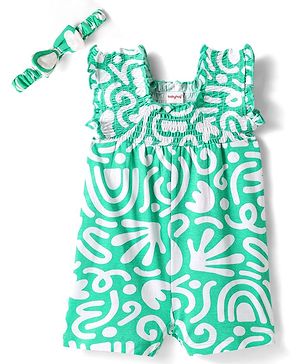Babyhug Cotton Knit Sleeveless Printed Jumpsuit With Headband - Light Green