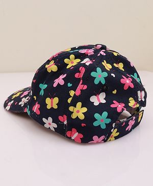 Babyhug Cotton Woven Cap With Floral Print Navy Blue - Diameter 17.5 cm