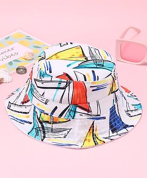 Babyhug Two Layer Bucket Hat with Abstract Print White Orange & Blue - Diameter 18 cm