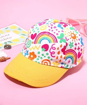 Babyhug Cotton Woven Cap With Floral Print Yellow - Diameter 46 cm