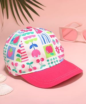 Babyhug Cotton Woven Summer Cap with Floral Print Pink - Diameter 48 cm