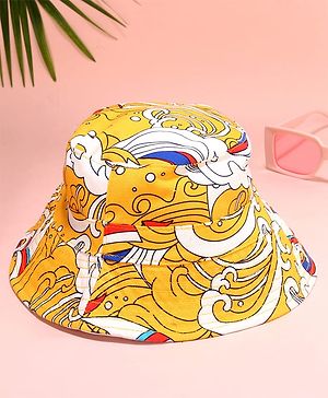 Babyhug Cotton Woven Two Layer Bucket Hat with Beach Theme Print Yellow - Diameter 17 cm