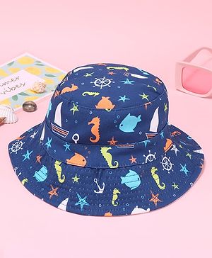 Babyhug Two Layer Bucket Hat with Sea Life Print Navy Blue - Diameter 20 cm