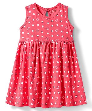 Babyhug Single Jersey Knit Sleeveless Frock with Star Print - Red