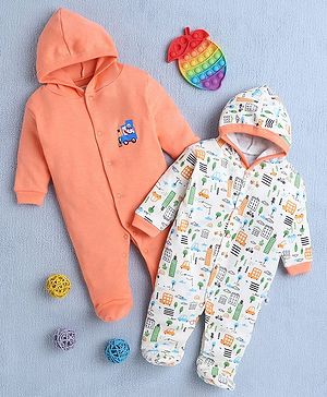 BUMZEE Cotton Knit Full Sleeves Vehicle Printed Footed Sleep Suits Pack of 2 - Orange & White