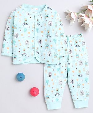Bumzee Cotton Knit Full Sleeves Night Suit With Animal Print - Mint Green