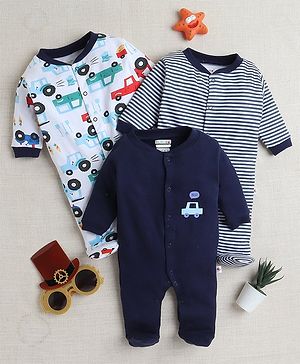 BUMZEE Cotton Knit Full Sleeves Footed Sleep Suits with Cars Print & Stripes Pack of 3 - Navy Blue & White