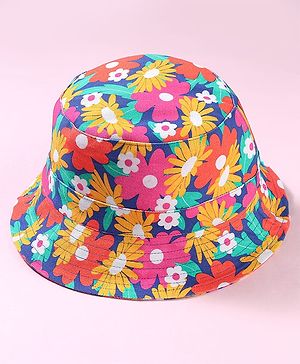 Babyhug Cotton Woven Two Layer Bucket Hat with Floral Print Blue - Diameter 15 cm